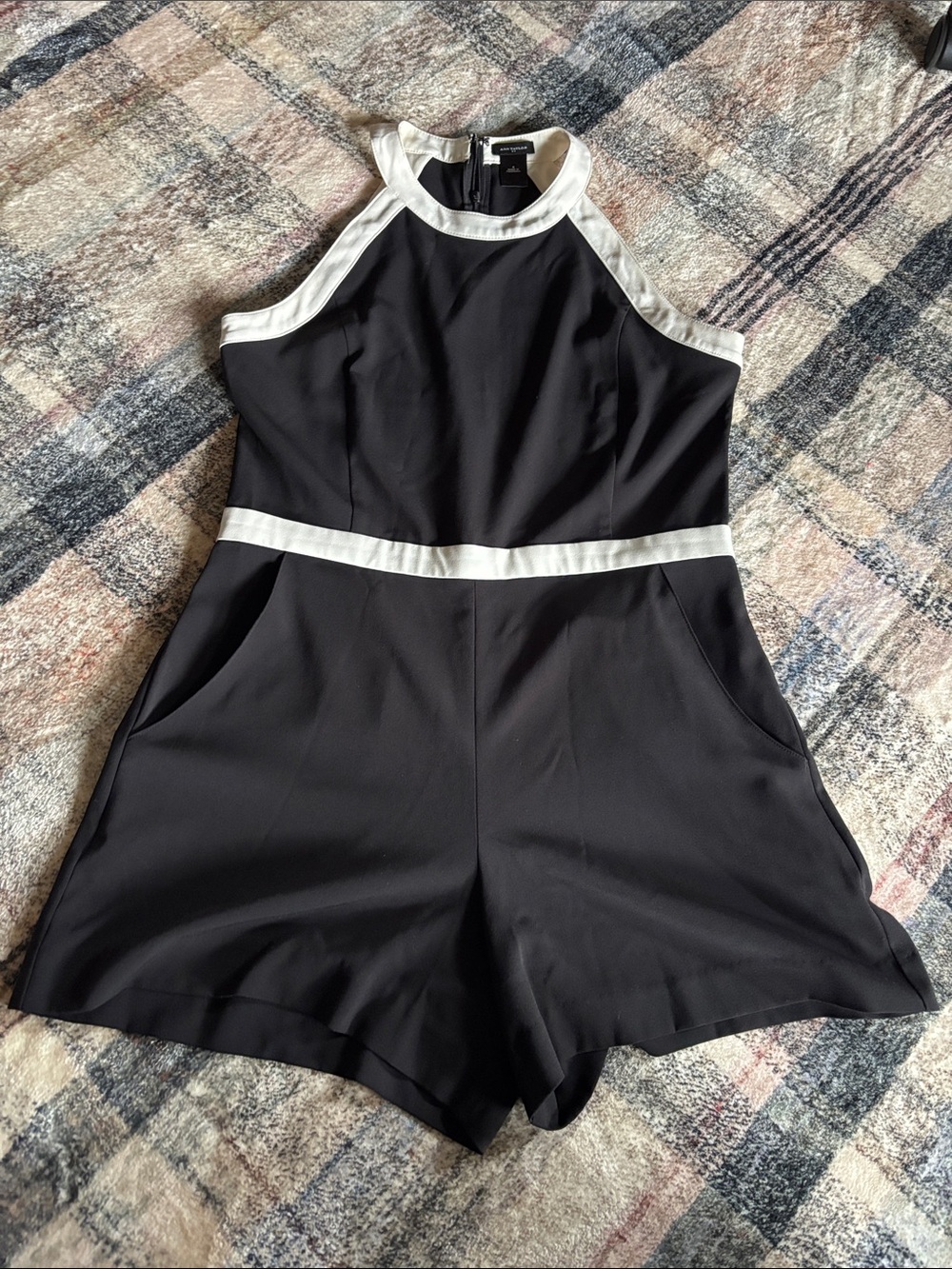 Ann Taylor Black Halter Romper with White Trim